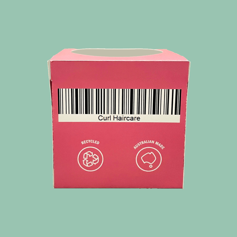 Back of a Curl carton with the barcode, recycled and Australian made marks