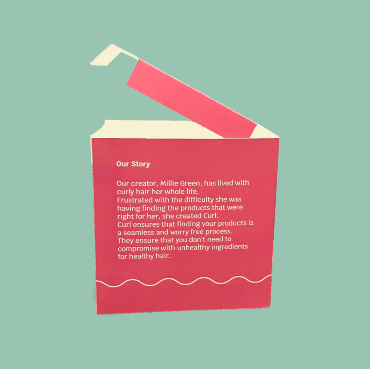 Side of a Curl carton carrying the Our Story copy