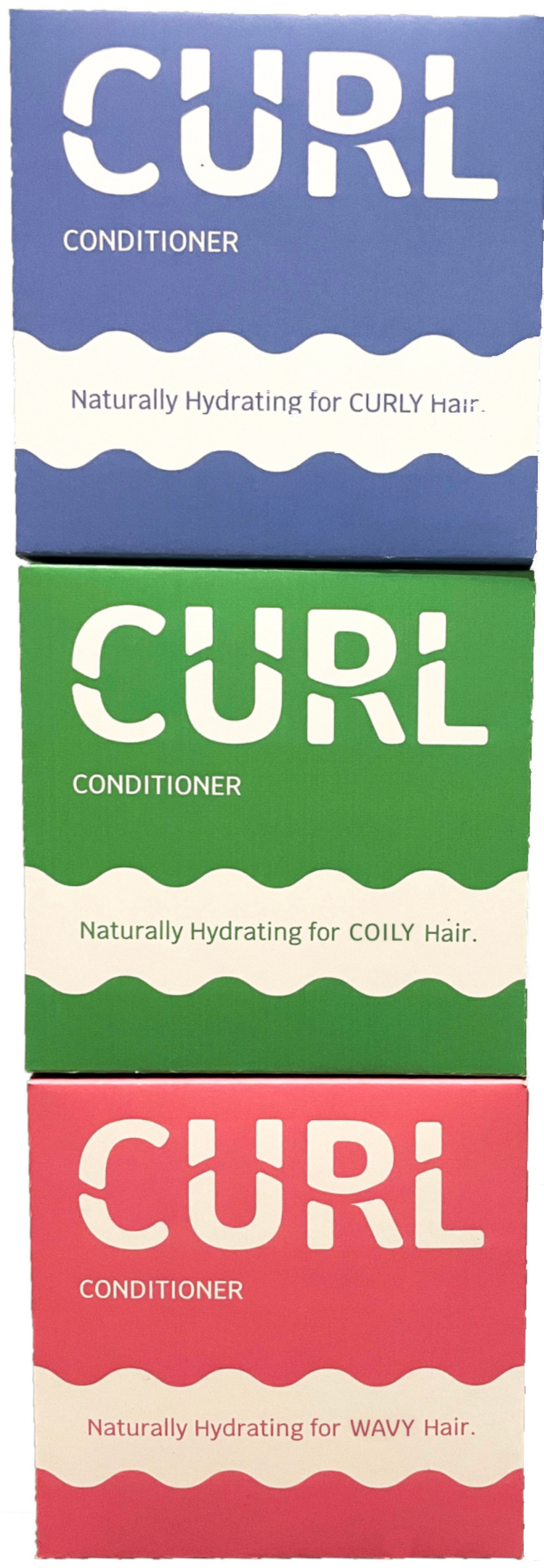 The three Curl conditioner cartons stacked — cornflower for curly hair, emerald for coily and rose for wavy