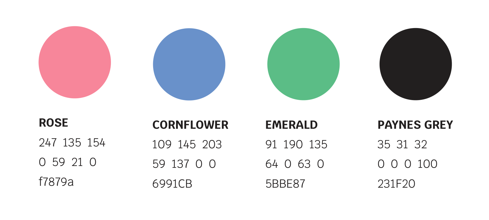 Curl colour palette: Rose f7879a, Cornflower 6991CB, Emerald 5BBE87 and Paynes Grey 231F20