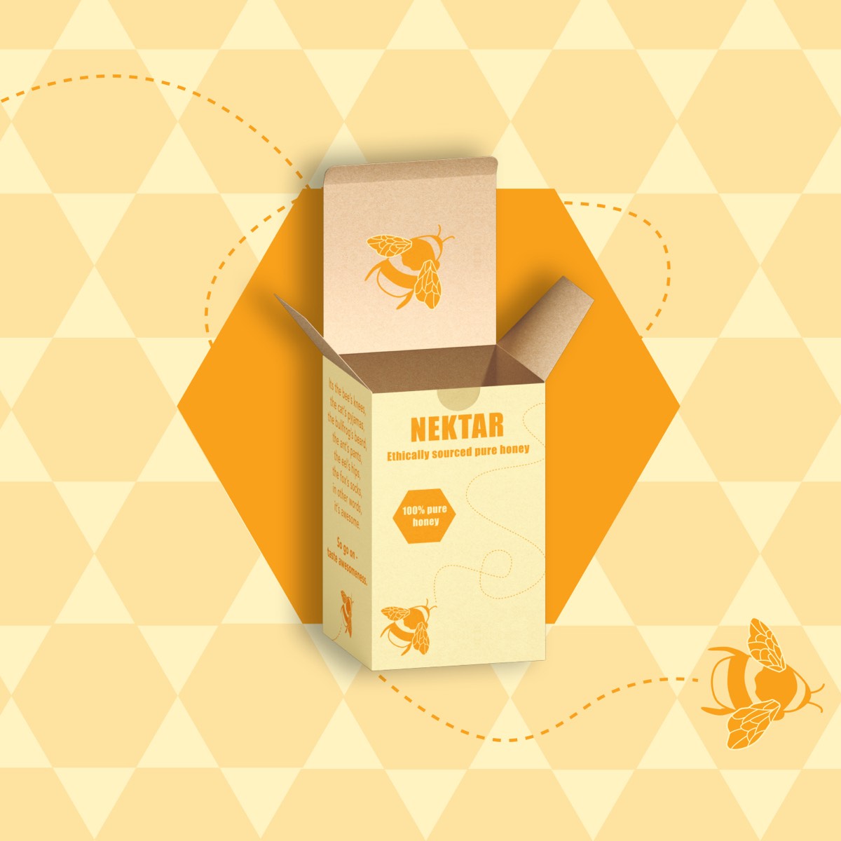 Nektar carton packaging opened on a geometric cream and orange pattern