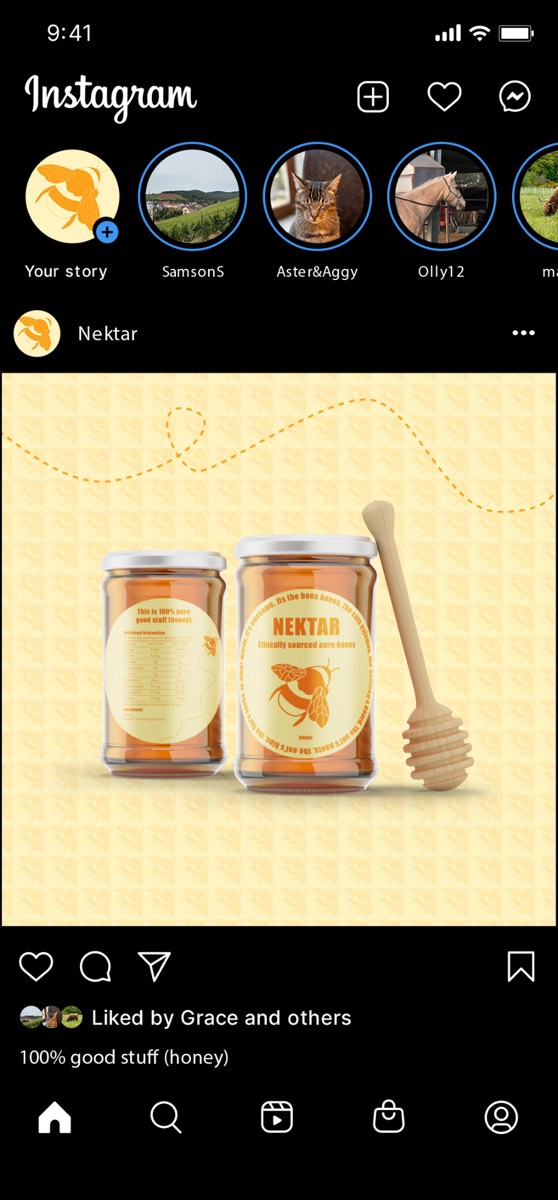 Instagram feed mockup showing the Nektar honey jars post