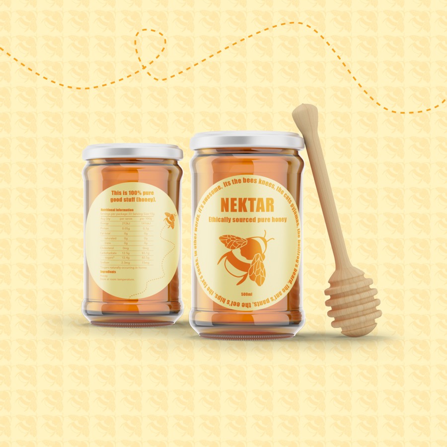 Two jars of Nektar honey with a wooden dipper on a patterned cream background