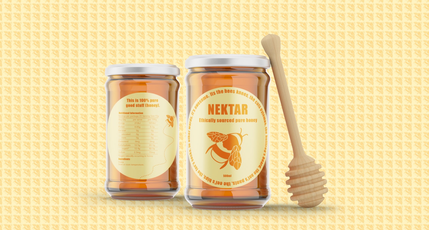 Two jars of Nektar honey beside a wooden honey dipper on a repeating bee pattern
