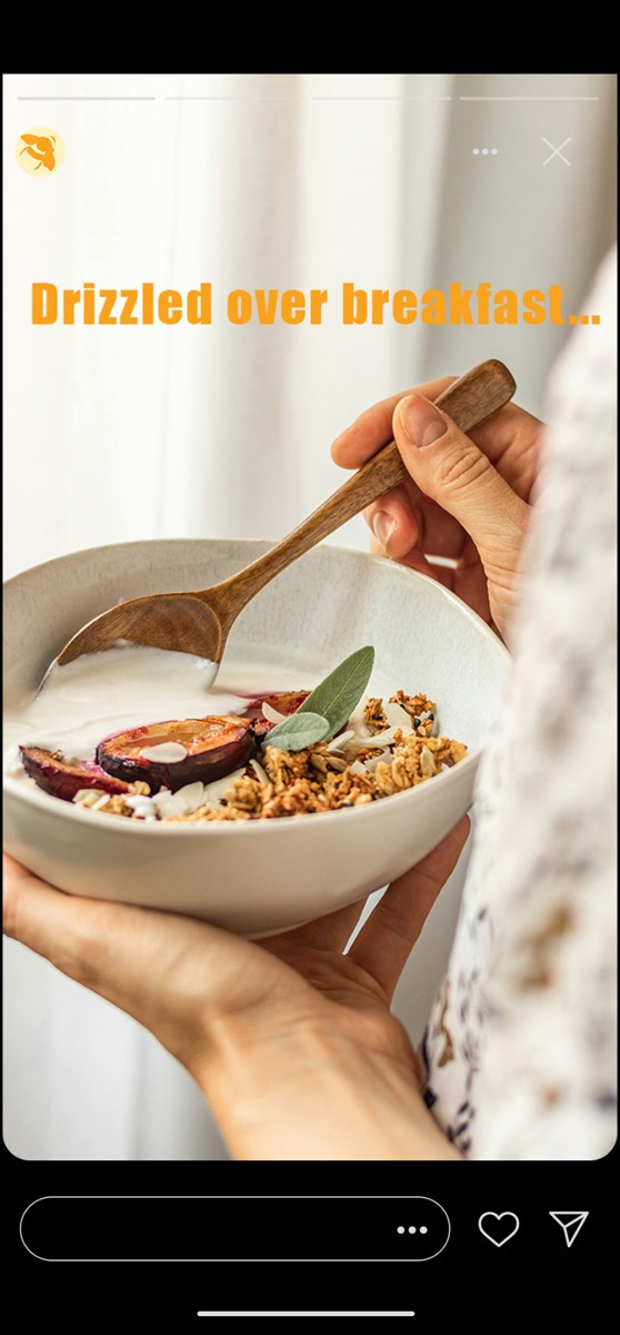Instagram story mockup reading Drizzled over breakfast over a bowl of yoghurt and granola