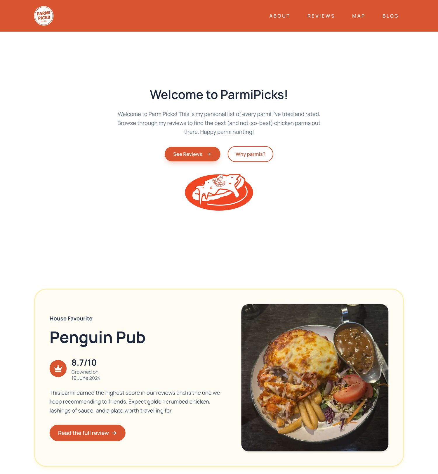 Parmi Picks homepage — welcome message, See Reviews and Why parmis buttons, and the plate logo