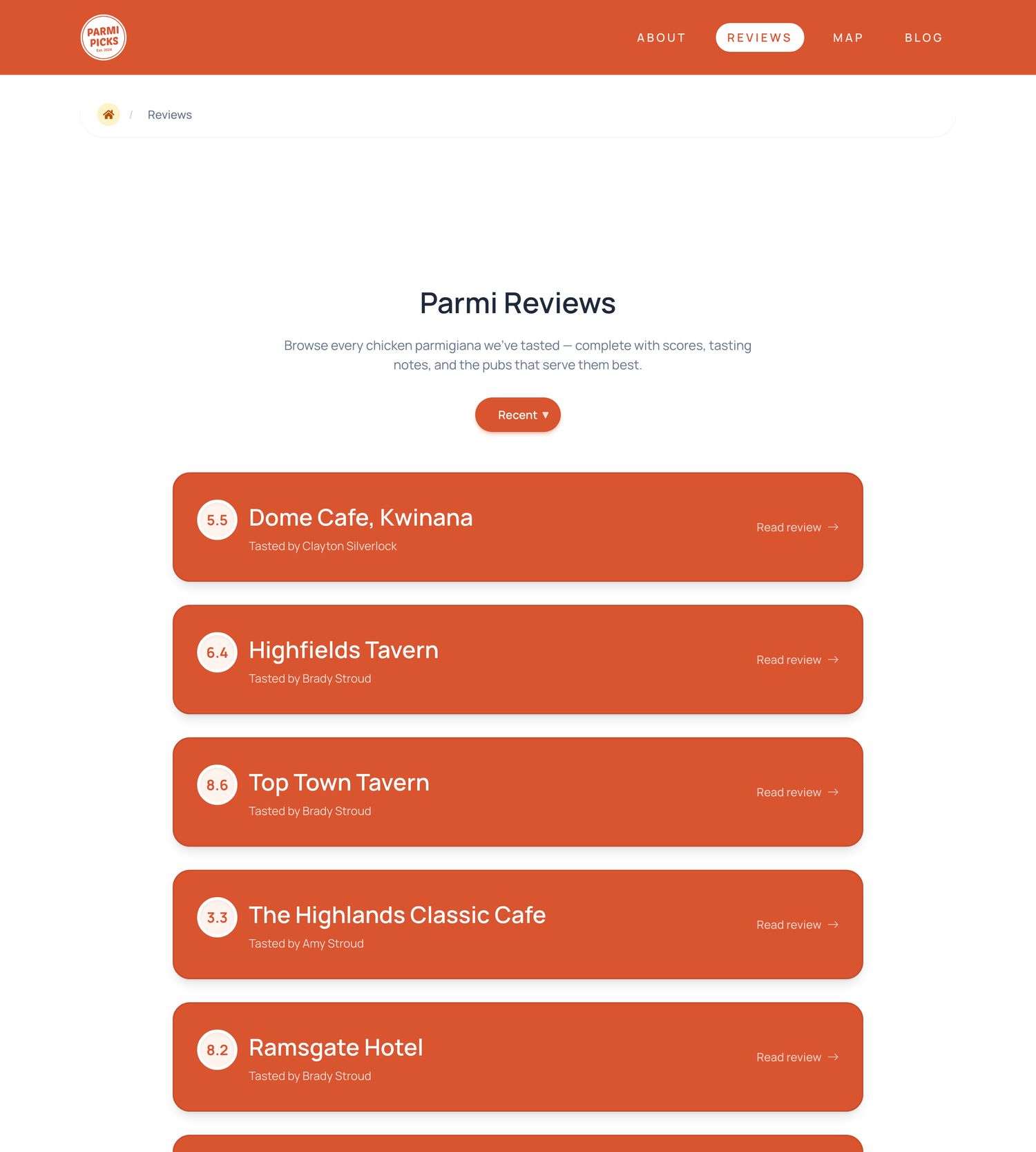 Parmi Picks reviews page — a sortable list of scored chicken parmi reviews